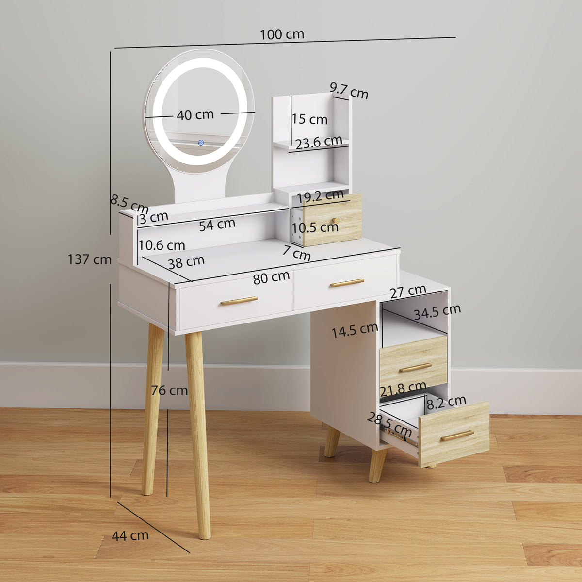 Dressing table with LED mirror, drawers and storage, shown with dimensions