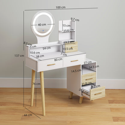 Dressing table with LED mirror, drawers and storage, shown with dimensions