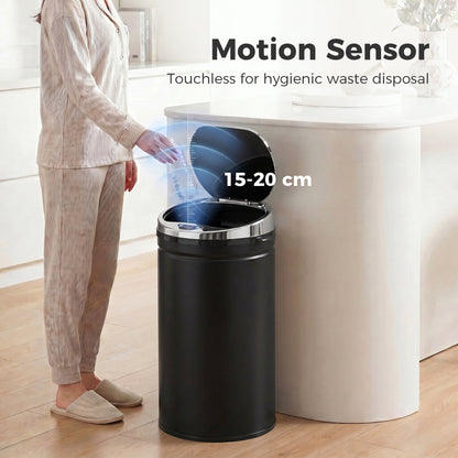HOMCOM black sensor bin with lid open for hands-free waste disposal
