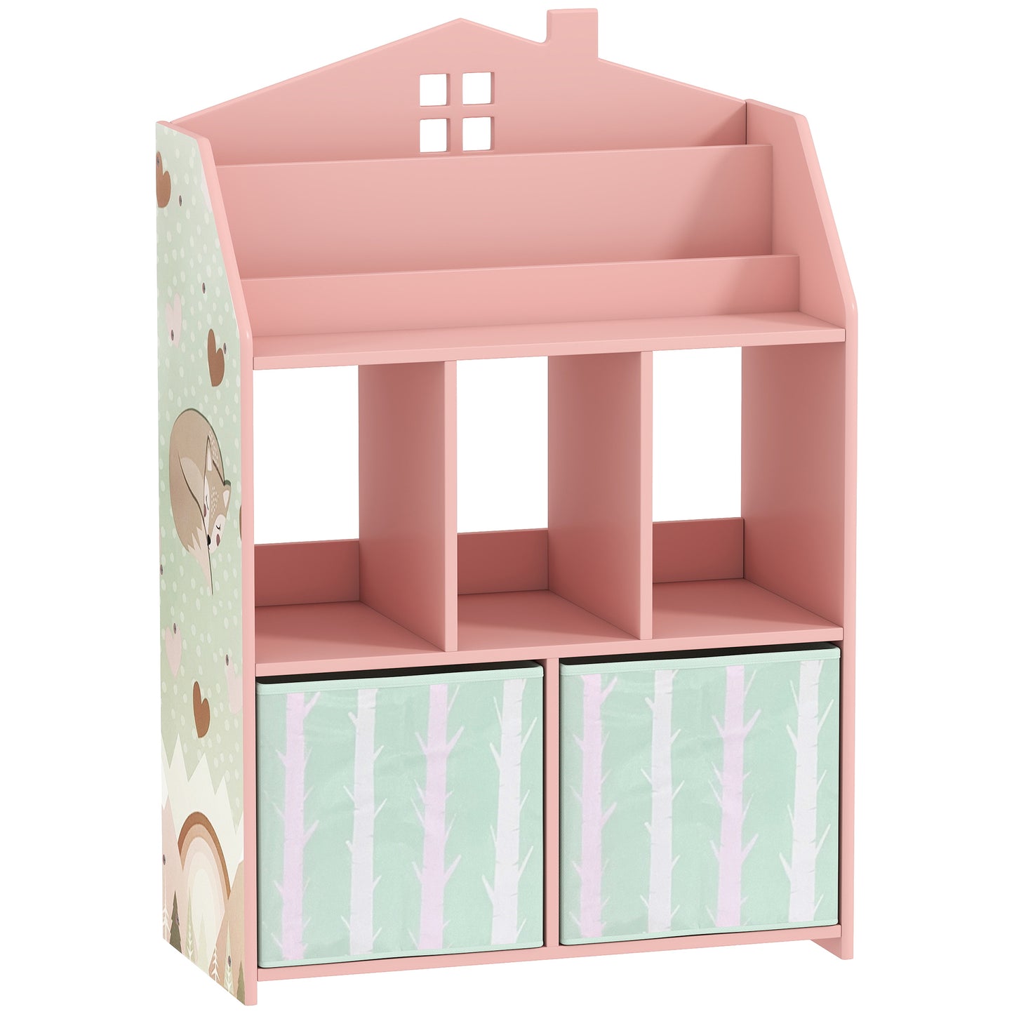 Photo of AIYAPLAY Kids Bookshelf with Storage, Toy Storage Unit with Book Display, Shelves and Fabric Drawers for Playroom Nursery, Pink in Pink colour on a white background