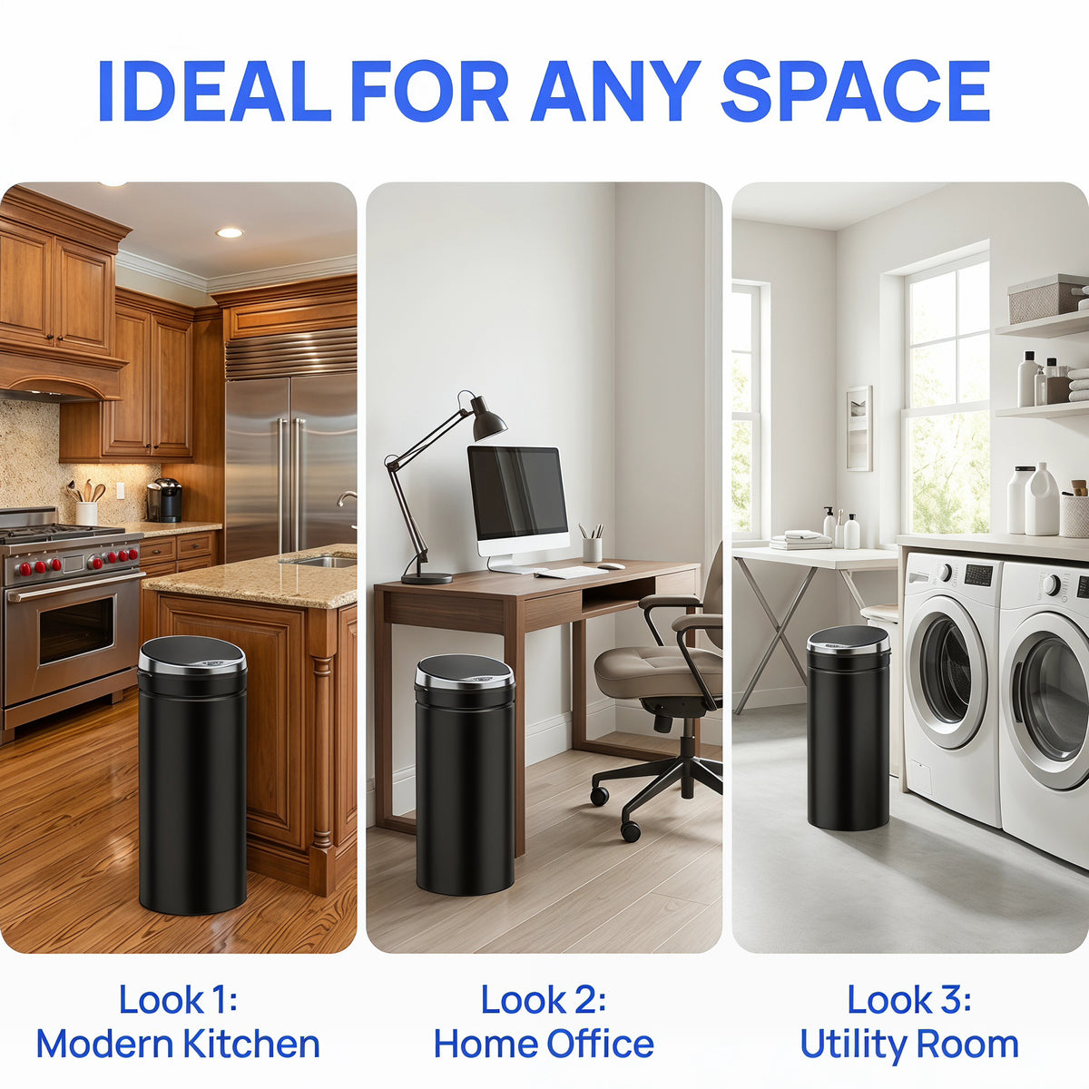HOMCOM black round sensor bin shown in a kitchen, home office, and utility room
