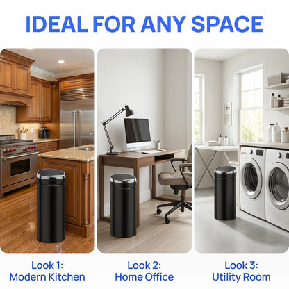 HOMCOM black round sensor bin shown in a kitchen, home office, and utility room