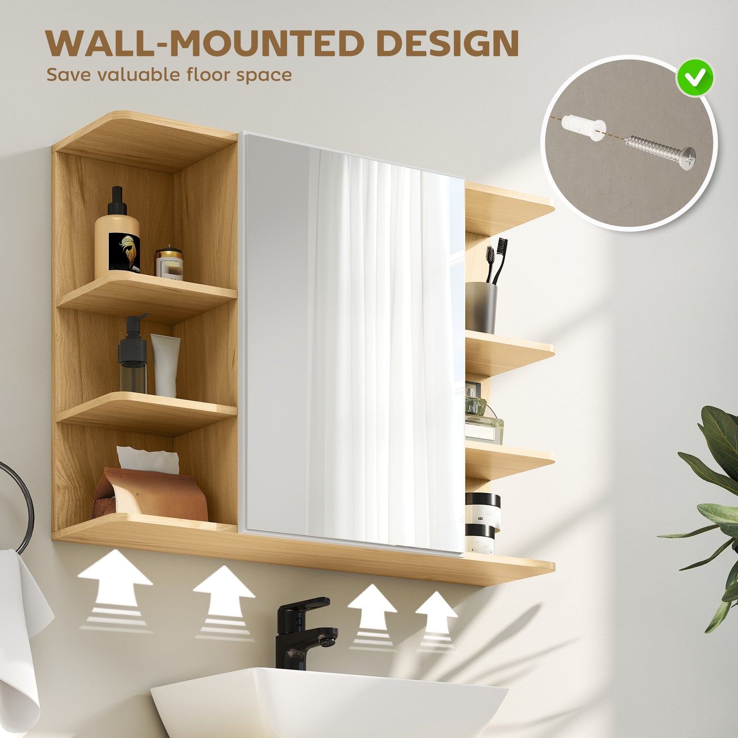 HOMCOM Bathroom Mirror Cabinet with Open Storage Shelves - Natural Wood Finish