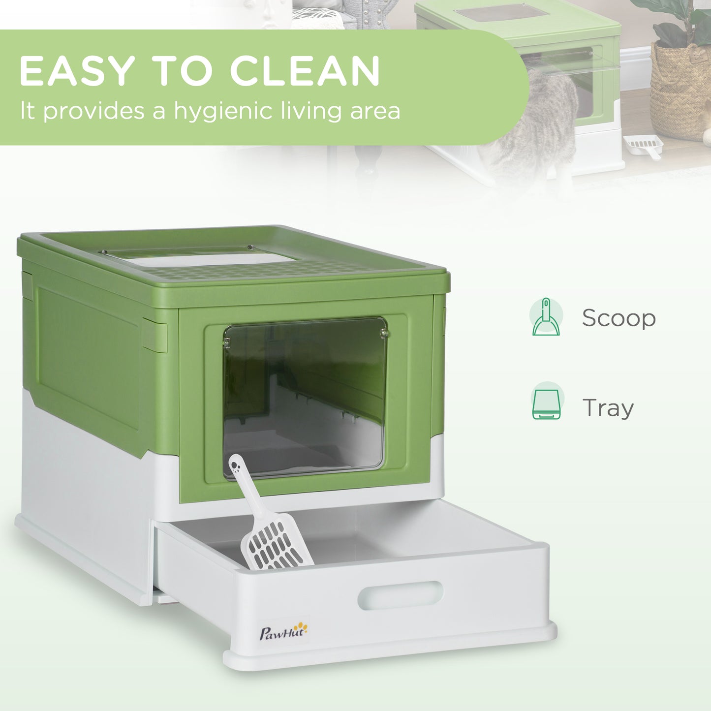 PawHut Hooded Cat Litter Box, Portable Pet Toilet, with Scoop, Front Entry - Emerald Green