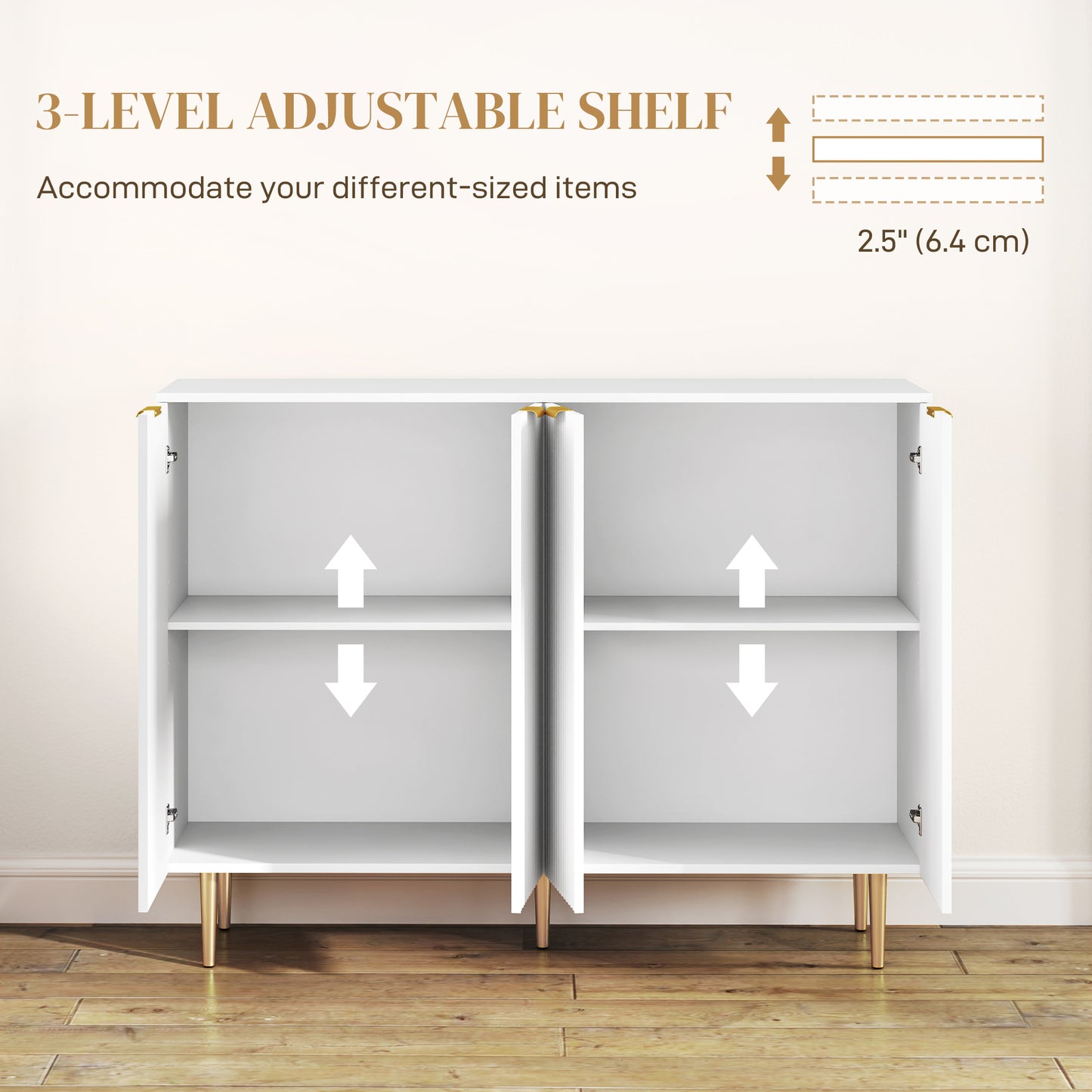 HOMCOM Sideboard Buffet Cabinet, Modern Kitchen Storage Cabinet with Adjustable Shelves and Metal Legs, White