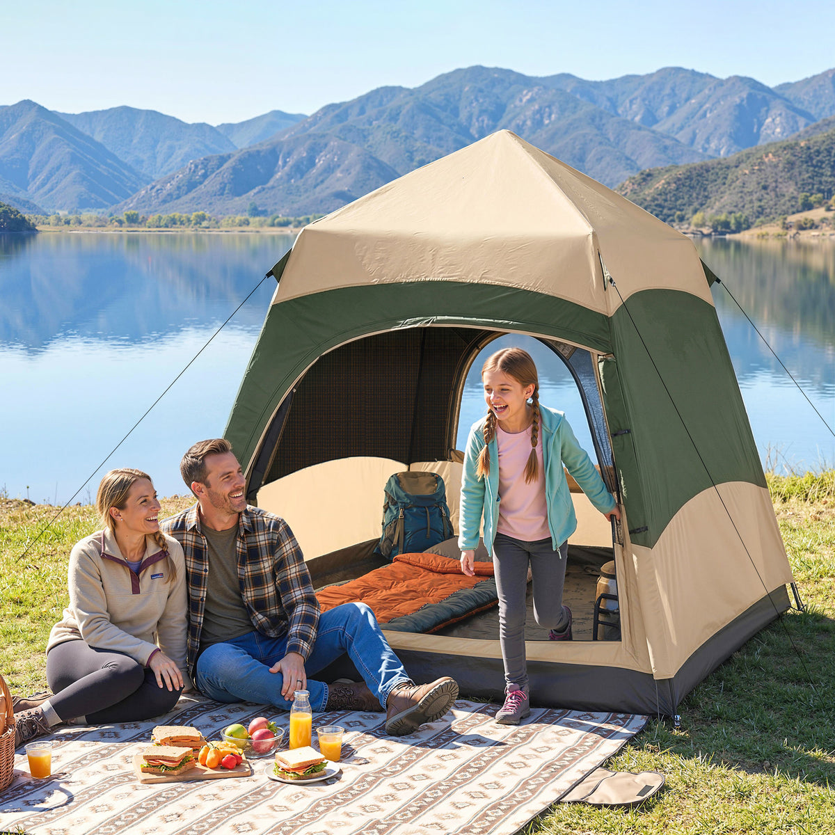 Outsunny 3 Man Instant Pop Up Tent with Rainfly, Portable Camping Shelter with Sewn-in Groundsheet, Carry Bag, Khaki
