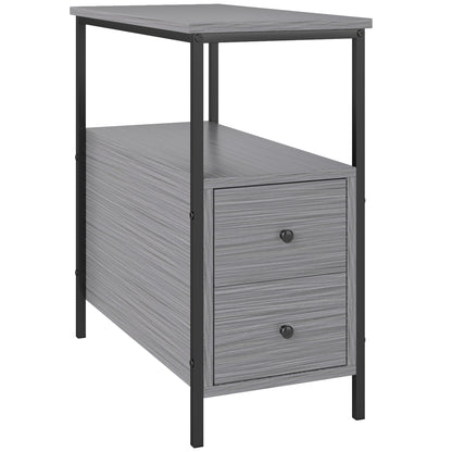 Narrow grey wood-grain side table with two drawers, an open shelf, and a black metal frame