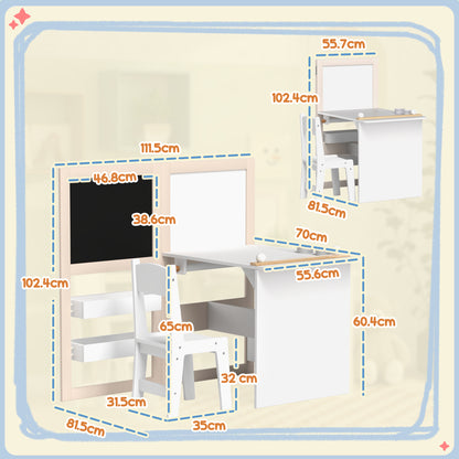 Children's table and chair set with labeled dimensions and folded configuration