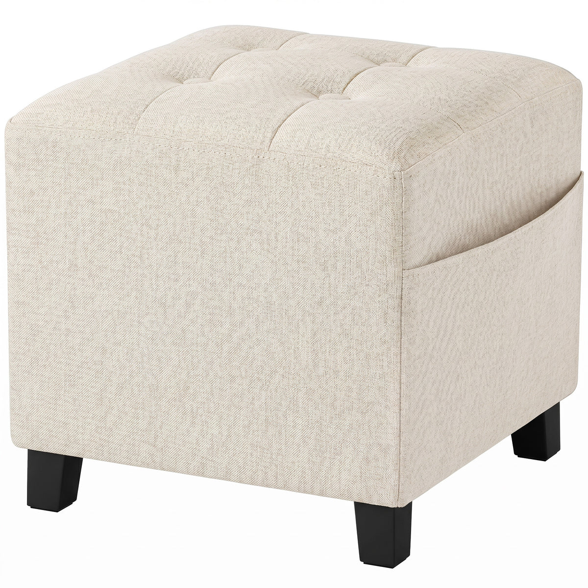 Photo of HOMCOM Small Ottoman, Square Footstool with Side Pocket, Rubber Wood Legs and Padded Seat for Living Room, Beige in Beige colour on a white background