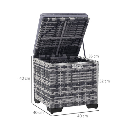 Rattan storage ottoman with lid open, showing the interior and hinged support arms
