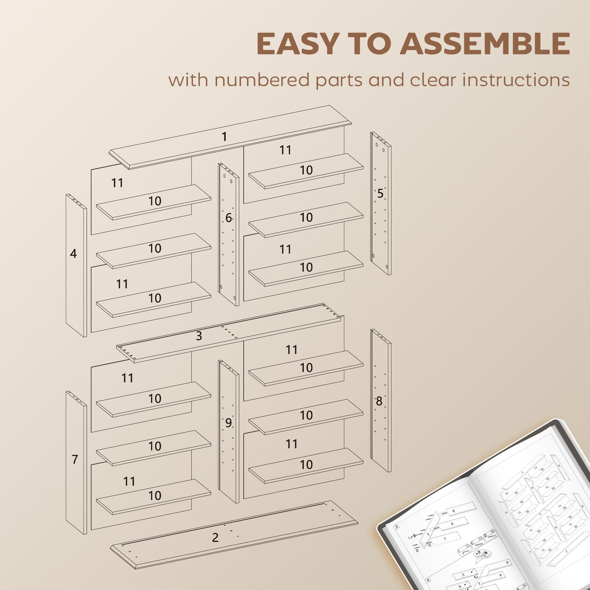 HOMCOM 16-Compartment Media Shelf - Rustic Brown