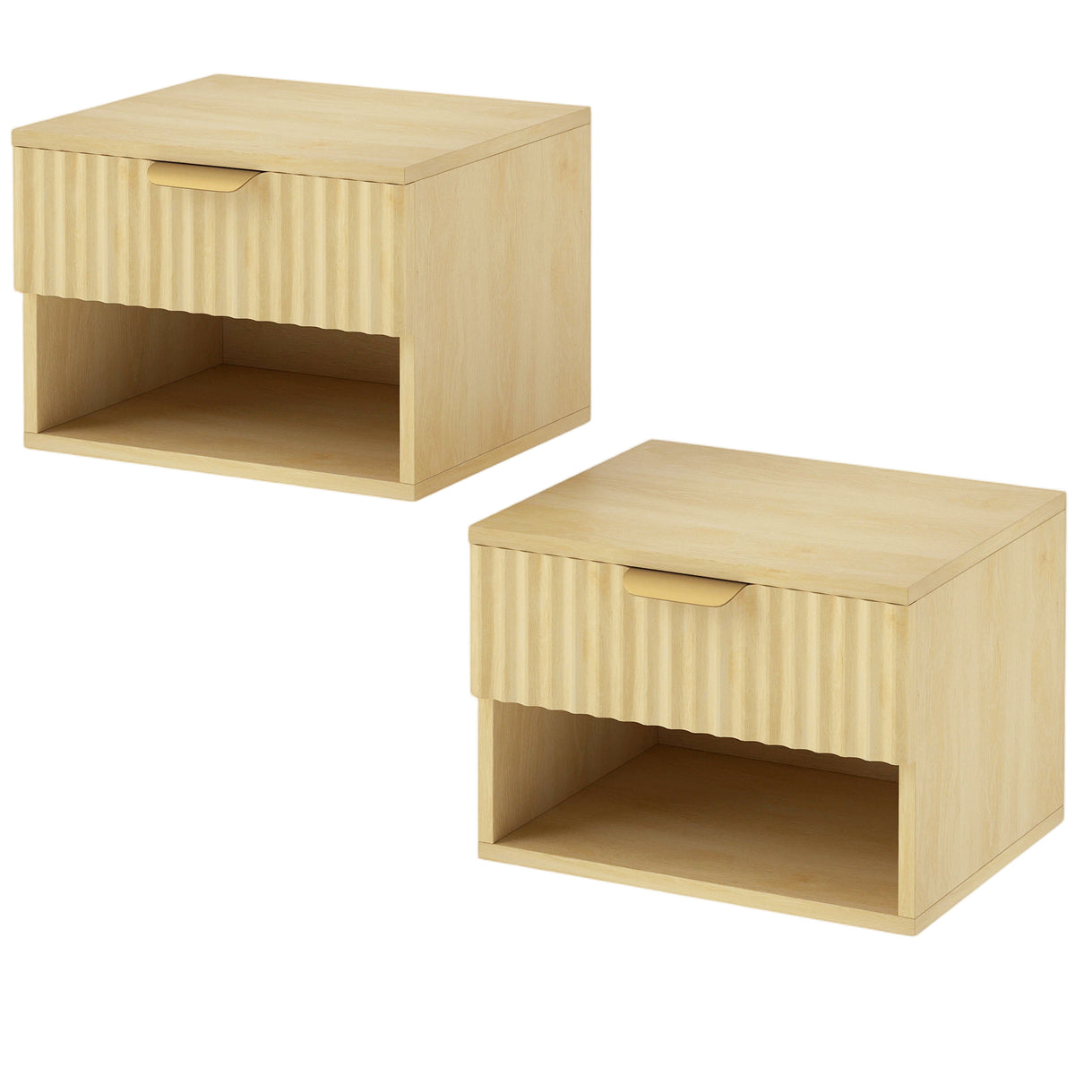 Photo of HOMCOM Floating Nightstands Set of 2, Modern Wall-Mounted Bedside Tables with Fluted Drawer and Open Shelf for Bedroom, Oak in Oak colour on a white background