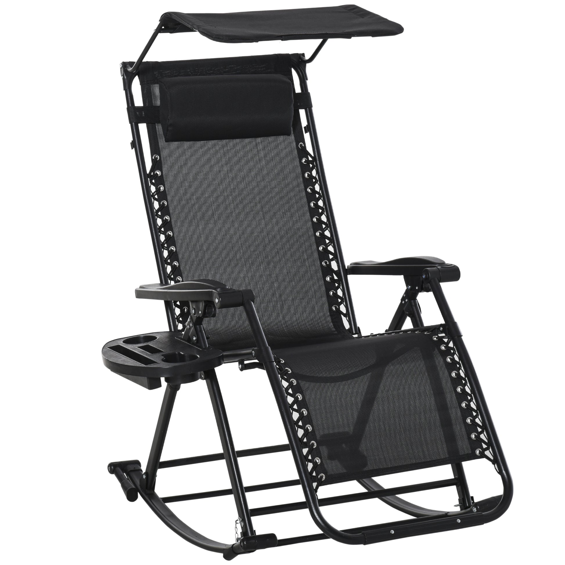 Photo of Outsunny Garden Rocking Chair Folding Recliner Outdoor Adjustable Sun Lounger Rocker Zero-Gravity Seat with Headrest Side Holder Patio Deck - Black in Black colour on a white background