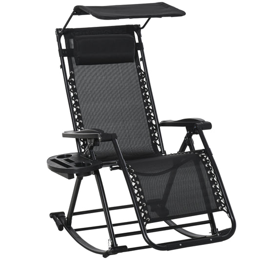 Photo of Outsunny Garden Rocking Chair Folding Recliner Outdoor Adjustable Sun Lounger Rocker Zero-Gravity Seat with Headrest Side Holder Patio Deck - Black in Black colour on a white background