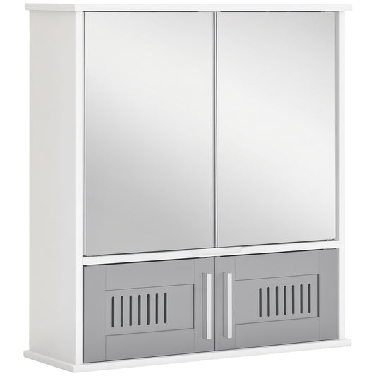 kleankin grey bathroom mirror cabinet with double mirrored doors and two lower vented cupboards
