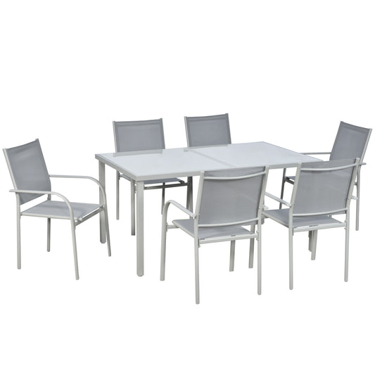 Photo of Outsunny 7 Piece Garden Dining Set, Outdoor Table and 6 Stackable Chairs, Steel Frame, Tempered Glass Top Table, Mesh Seats, Grey in Grey colour on a white background