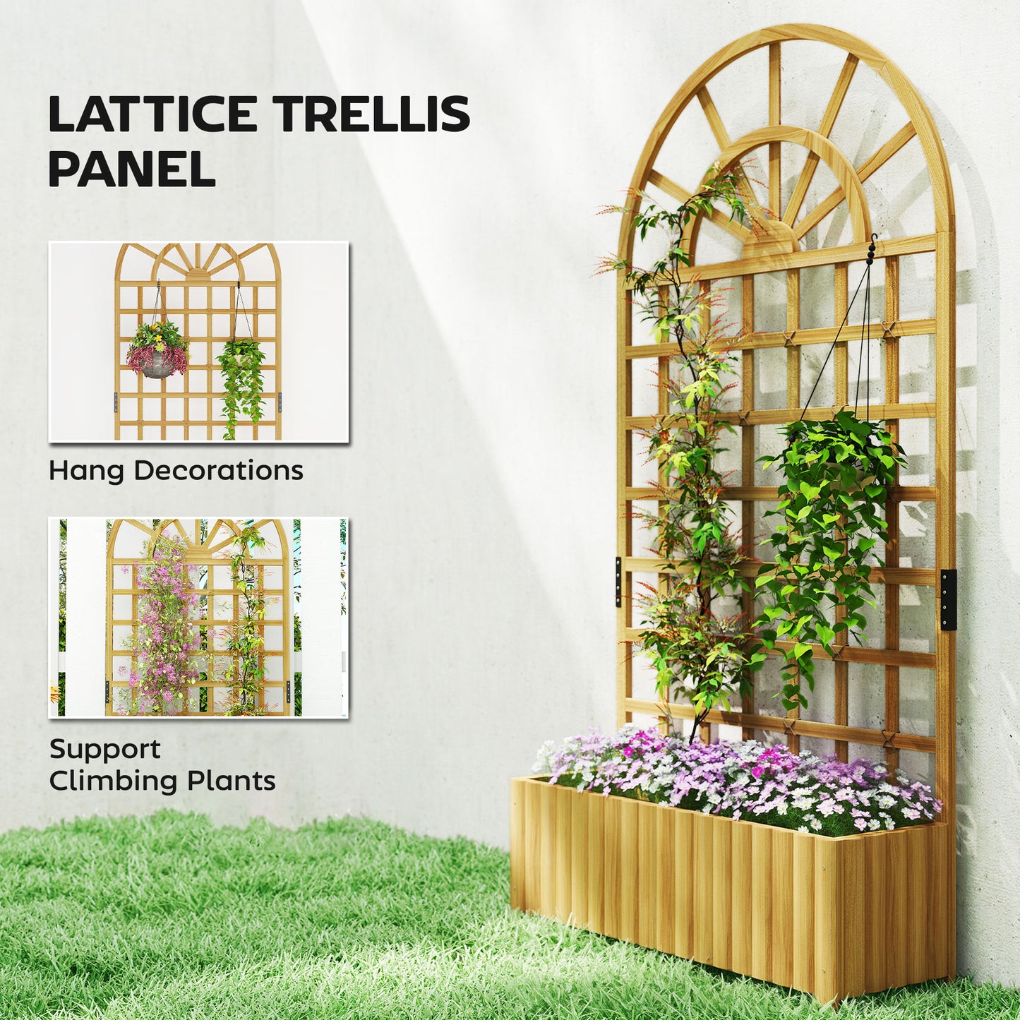 Outsunny Wooden Raised Planter with Trellis, Raised Bed for Garden with Lattice and Drainage Holes for Climbing Plants