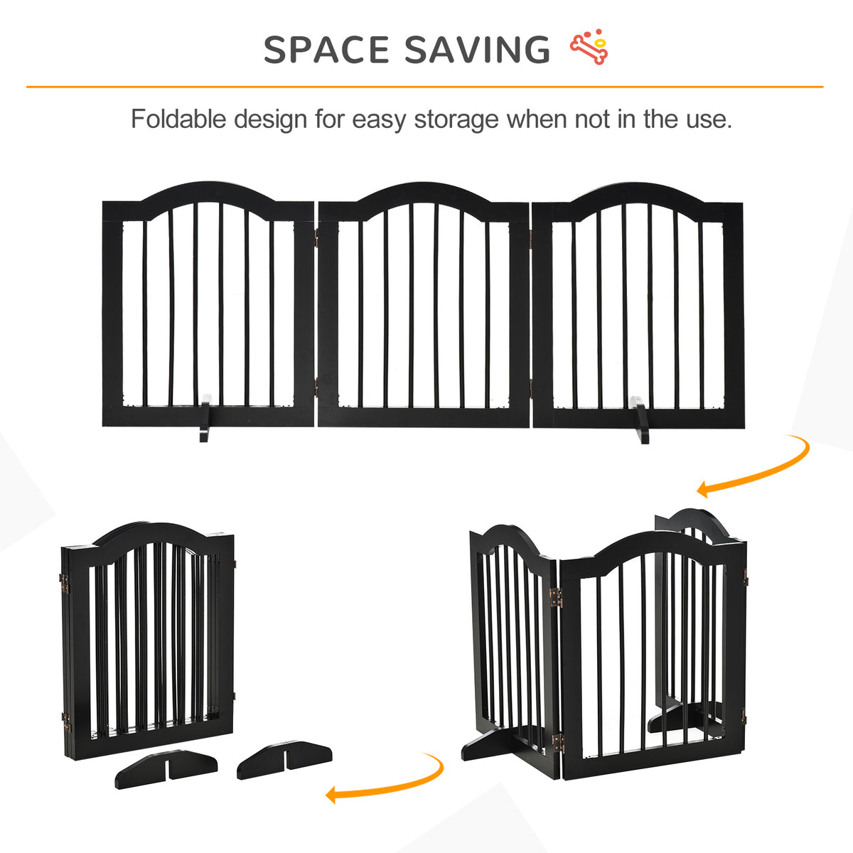 PawHut Freestanding Dog Gate Wooden Stair Gate for Dogs with Support Feet Foldable Pet Fence Safety Barrier for the House Doorway Stairs Black