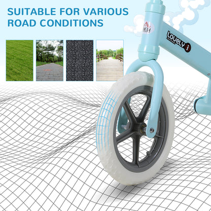Blue balance bike front wheel with white tire and dark five-spoke hub.