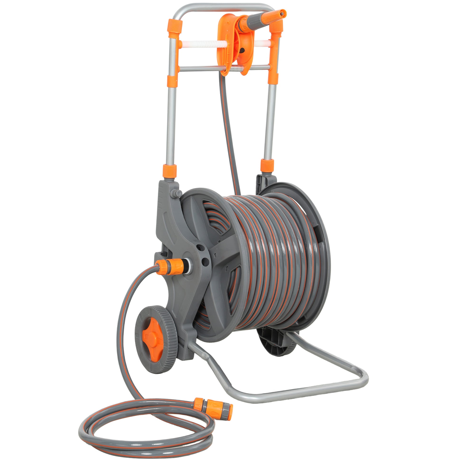 Photo of Outsunny Hose Reel Cart with Wheels, 45+2m Garden Hose Reel with 2 Patterns Nozzle, Faucet Adaptors and Rewind Handle, Orange in Orange colour on a white background