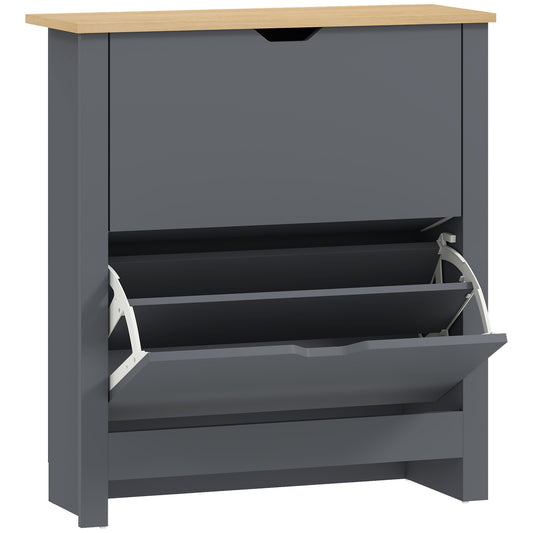 Photo of HOMCOM Slim Shoe Cabinet, Narrow Shoe Cupboard with 2 Flip Drawers, Adjustable Shelves for 12 Pairs of Shoes, Charcoal Grey in Grey colour on a white background