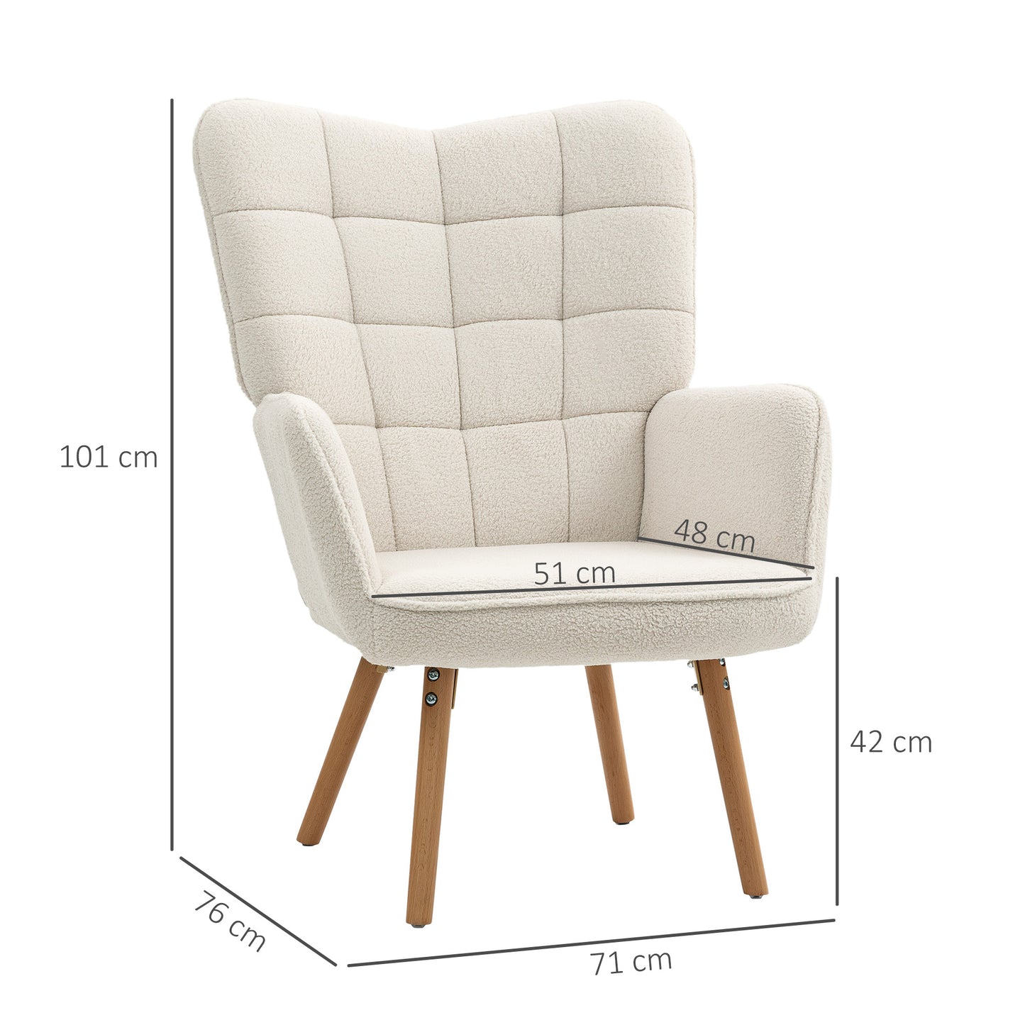 HOMCOM Modern Accent Chair, Upholstered High Back Armchair with Tufted Wingback, Seat Padding, Teddy Fleece Leisure Lounge Bedroom Chair with Wood Legs, Cream White
