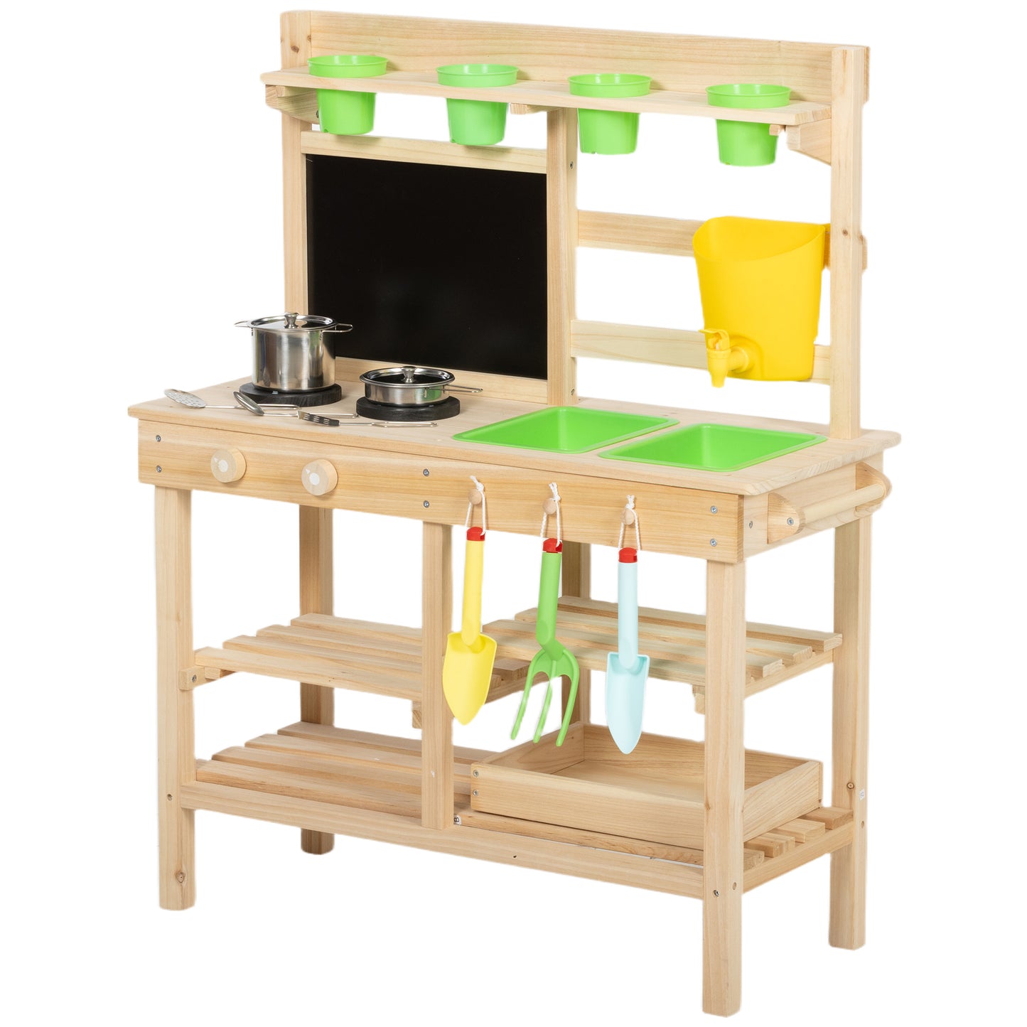 Photo of AIYAPLAY Kids Mud Kitchen, Outdoor Wooden Play Kitchen with Kitchenware & Garden Tools, Pretend Play Outdoor Toys, Natural in Natural colour on a white background