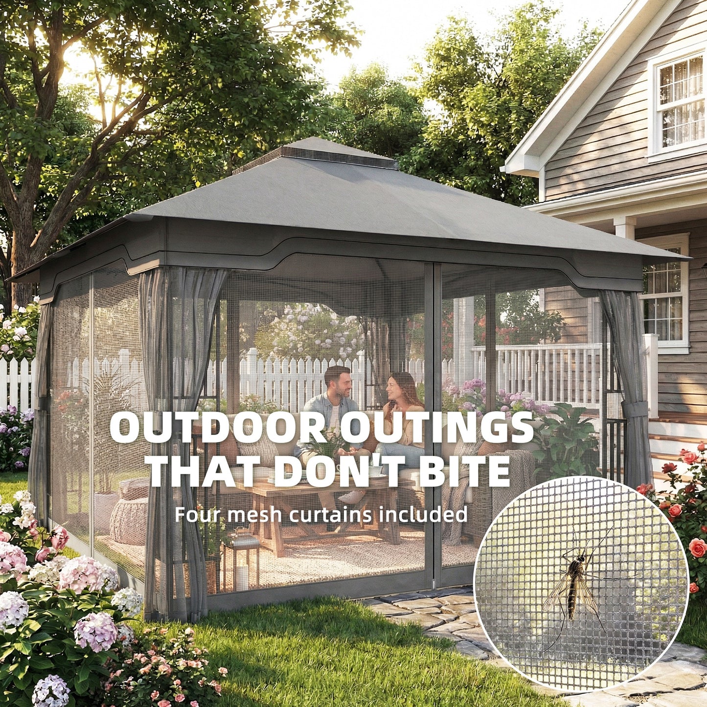 Outsunny 3.3 x 3.3 m Outdoor Garden Gazebo with Post Shelves, UPF50+ Patio Permanent Pavilion with Hook, Dark Grey