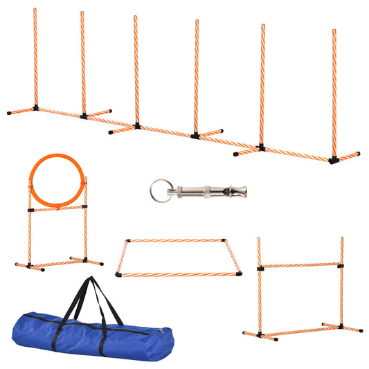 Photo of PawHut Dog Agility Equipment Pet Training Set with Adjustable Height Jump Ring Hurdle Whistle Weave Poles Square Pause Box Carry Bag in Bag colour on a white background