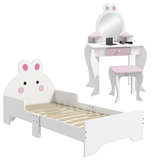 Photo of ZONEKIZ Wooden Kids Bedroom Furniture Set with Kids Dressing Table, Stool, Bed, for 3-6 Years, Bunny-Design in Bunny-Design colour on a white background
