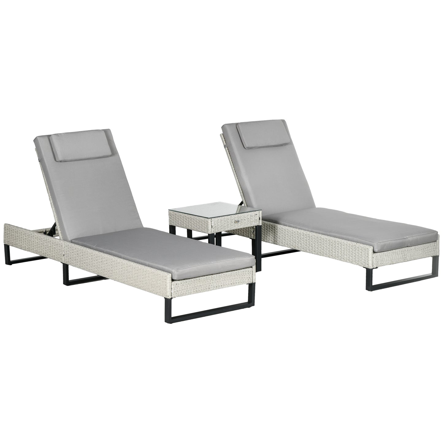 Photo of Outsunny 3-piece PE Rattan Sun Lounger Set with Adjustable 5-Position Recliner, Patio Chaise Lounge Chair Set with Cushions, Headrests, Glass Top Square Coffee Table, Light Grey in Grey colour on a white background