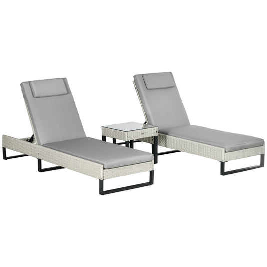 Photo of Outsunny 3-piece PE Rattan Sun Lounger Set with Adjustable 5-Position Recliner, Patio Chaise Lounge Chair Set with Cushions, Headrests, Glass Top Square Coffee Table, Light Grey in Grey colour on a white background