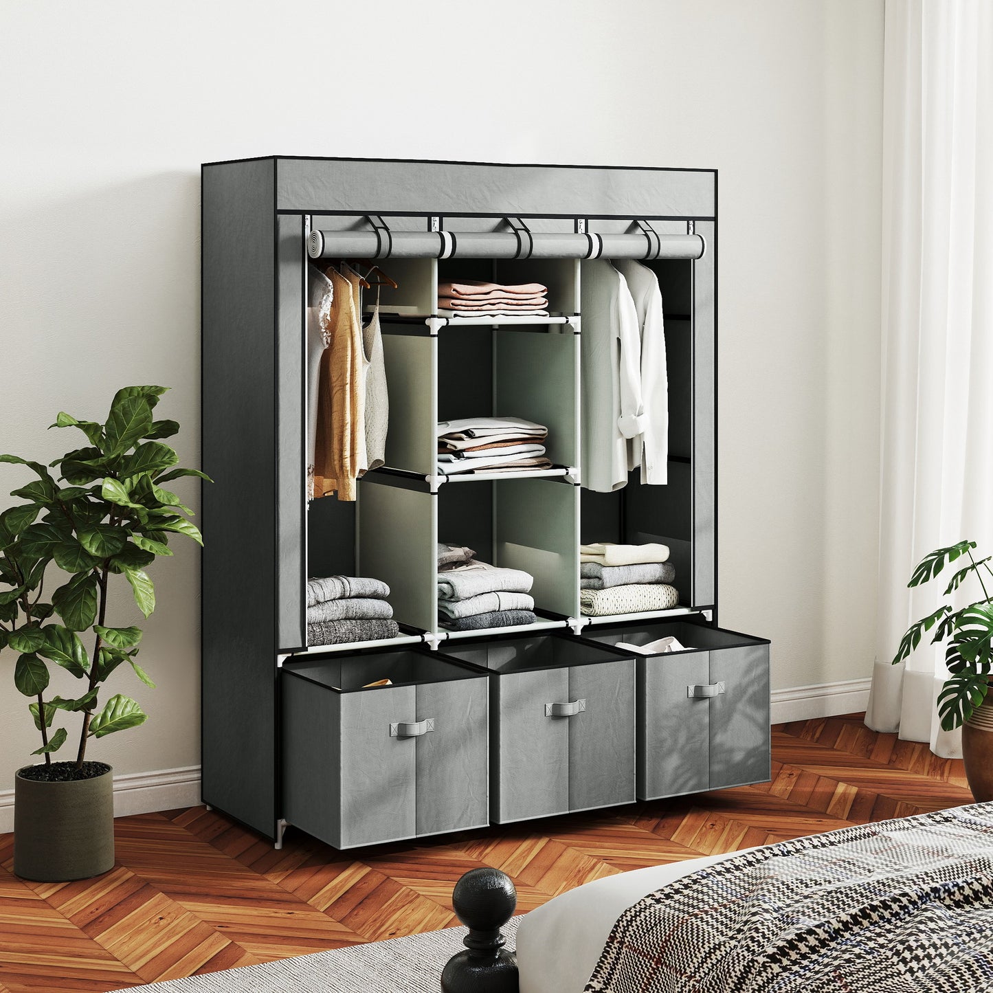 HOMCOM Foldable Fabric Wardrobe for Bedroom, Portable Wardrobe with 5 Shelves, 2 Hanging Rails and 3 Fabric Drawers, Light Grey
