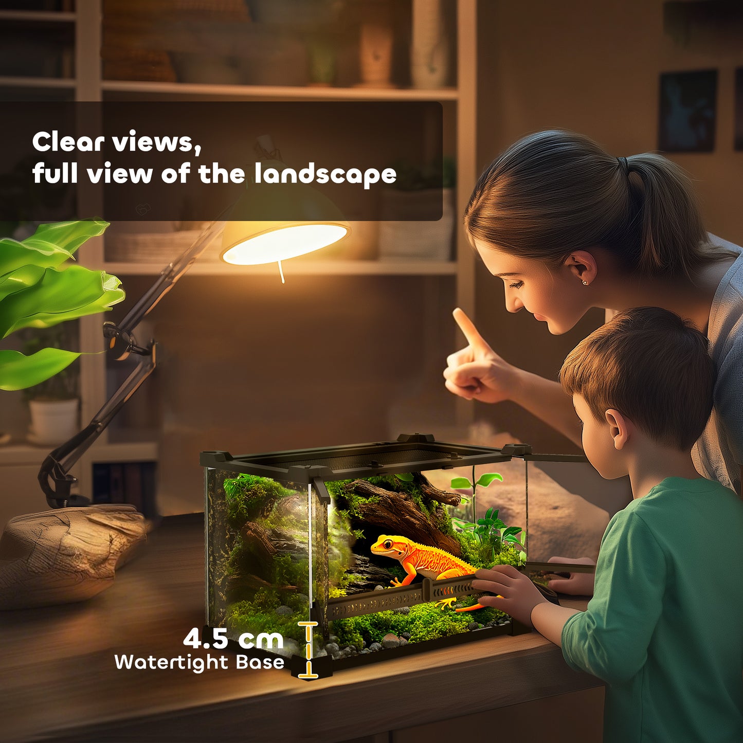 PawHut Reptile Glass Terrarium with Stone Background, Front Ventilation, Escape-Proof Knob Lock, 30 x 20 x 20 cm, Black