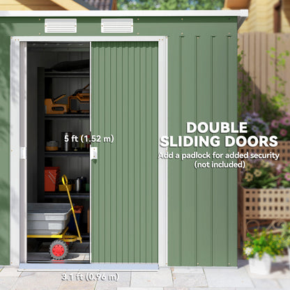 Green steel garden shed with double sliding doors, one open to show storage shelves.
