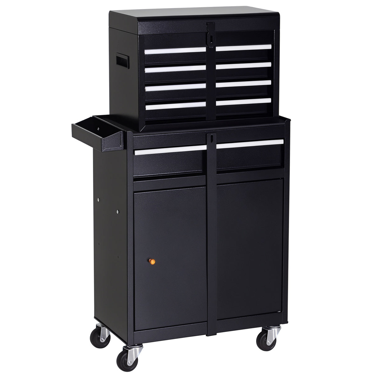 Black metal rolling tool cabinet with upper chest, drawers, lower cupboard and side tray