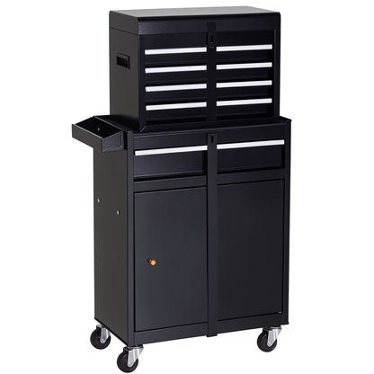 Black metal rolling tool cabinet with upper chest, drawers, lower cupboard and side tray
