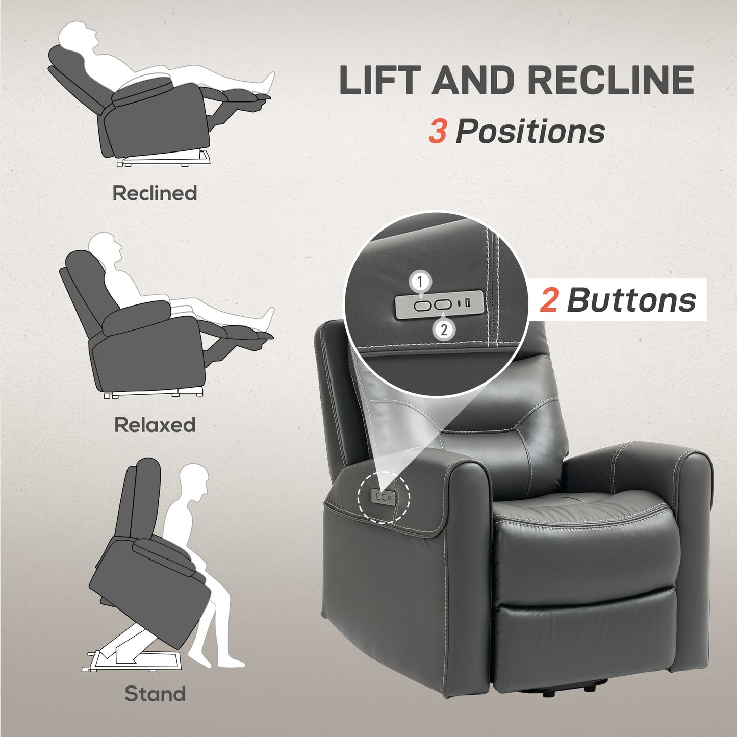 HOMCOM Power Lift Recliner Chair for Elderly, Overstuffed Faux Leather Riser and Reclining Chair with USB A+C Ports, Recliner Armchair for Living Room, Charcoal Grey