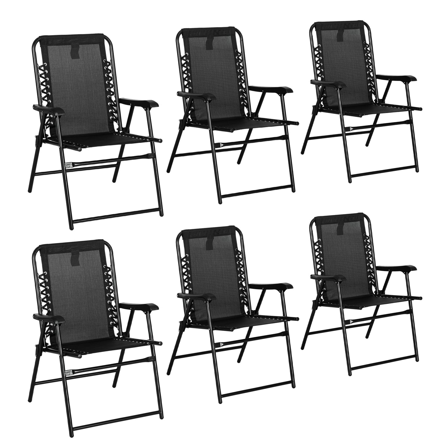 Photo of Outsunny 6 Pcs Patio Folding Chair Set, Outdoor Portable Loungers for Camping Pool Beach Deck, Lawn w/ Armrest Steel Frame Black in Black colour on a white background