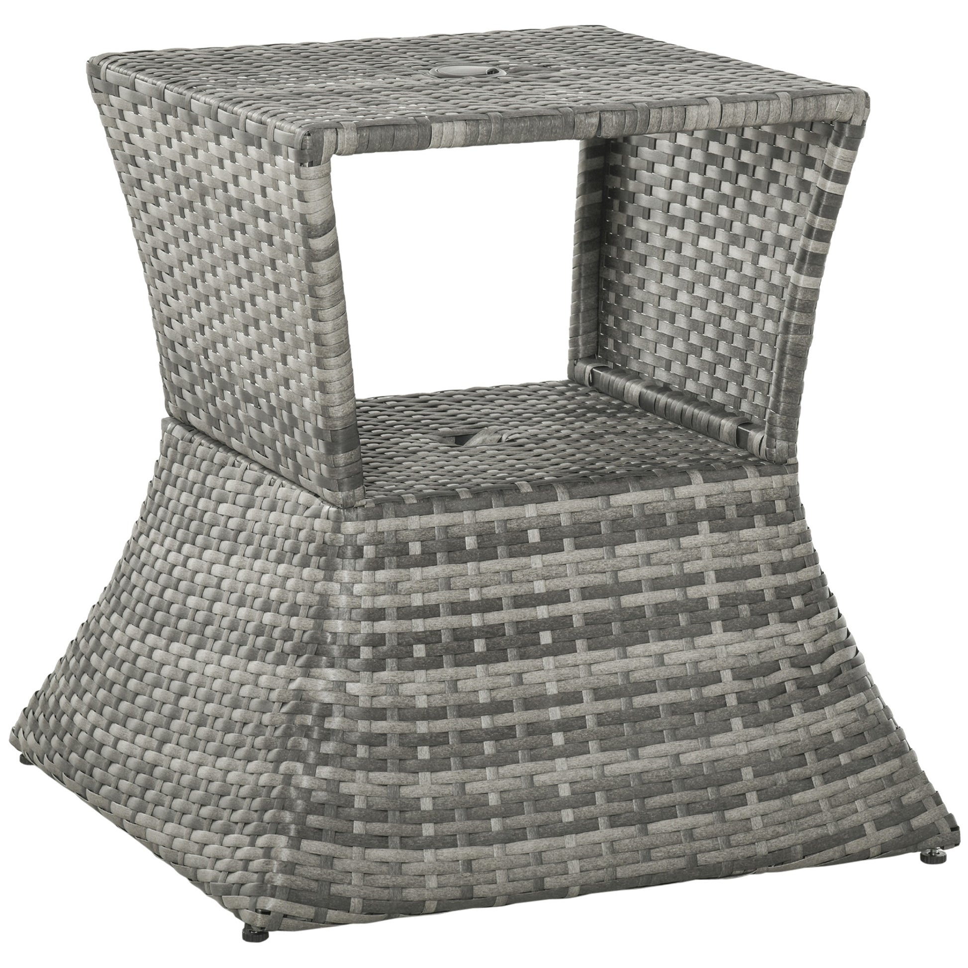Photo of Outsunny Outdoor Patio Rattan Wicker Coffee Table Bistro Side Table w/ Umbrella Hole and Storage Space, Grey in Grey colour on a white background