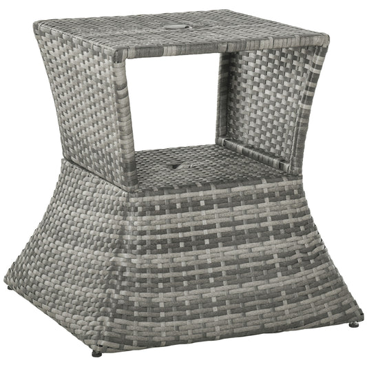 Photo of Outsunny Outdoor Patio Rattan Wicker Coffee Table Bistro Side Table w/ Umbrella Hole and Storage Space, Grey in Grey colour on a white background