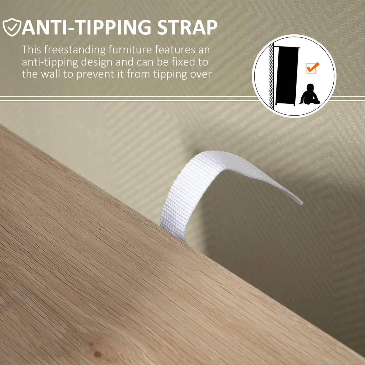 White anti-tipping strap attached to the back of a natural wood cabinet