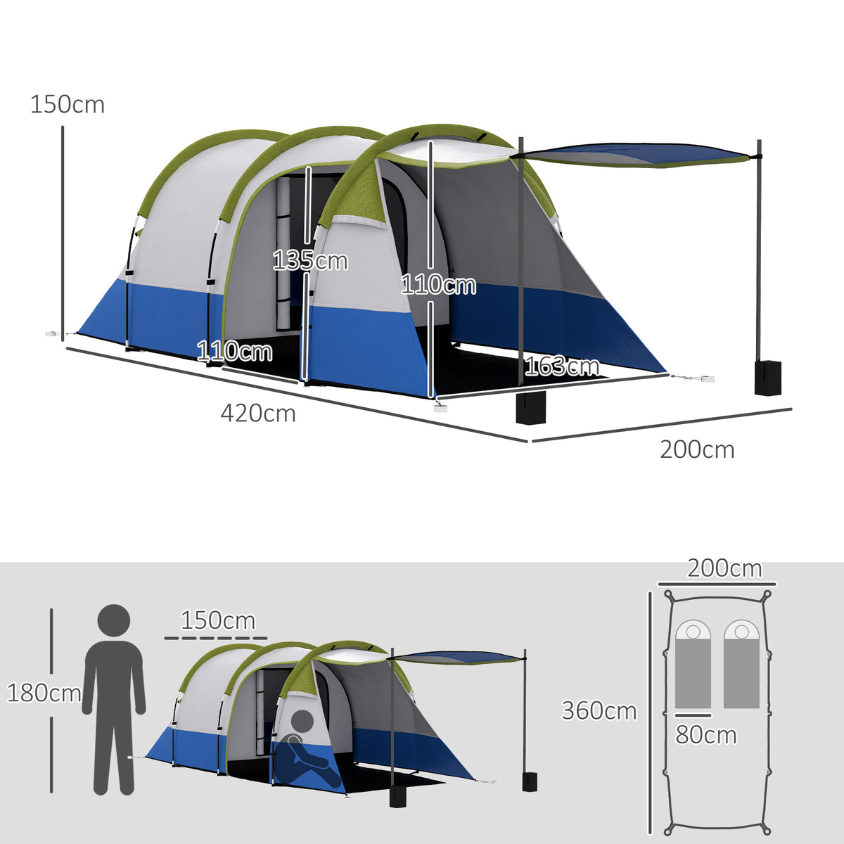 Outsunny Two Man Two-Room Tent, with Porch and Accessories - Green