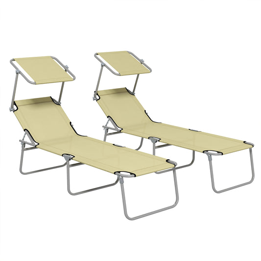Photo of Outsunny Folding Sun Lounger Set of 2 with Canopy, Reclining Sunbed with 4-Position Adjustable Backrest, 600D Oxford Cloth, Portable Garden Lounger Recliner Chair for Beach, Camping, Patio, Beige in Beige colour on a white background