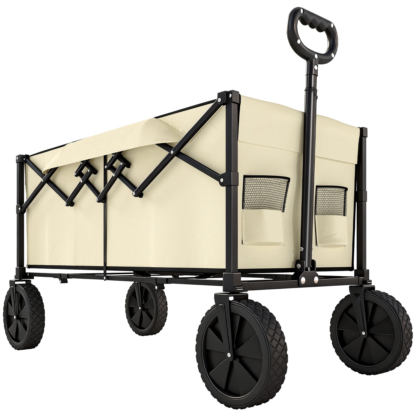 Photo of Outsunny 95L Foldable Festival Trolley on Wheels, Collapsible Wagon Cart with Adjustable Handle and 2 Cup Holders, Khaki in Khaki colour on a white background