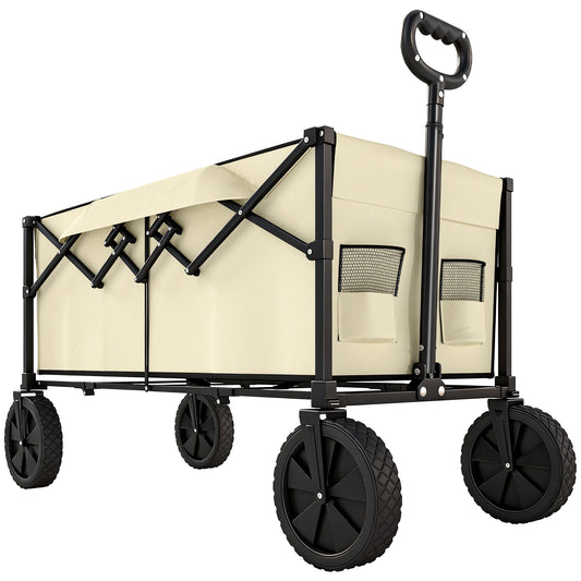 Photo of Outsunny 95L Foldable Festival Trolley on Wheels, Collapsible Wagon Cart with Adjustable Handle and 2 Cup Holders, Khaki in Khaki colour on a white background