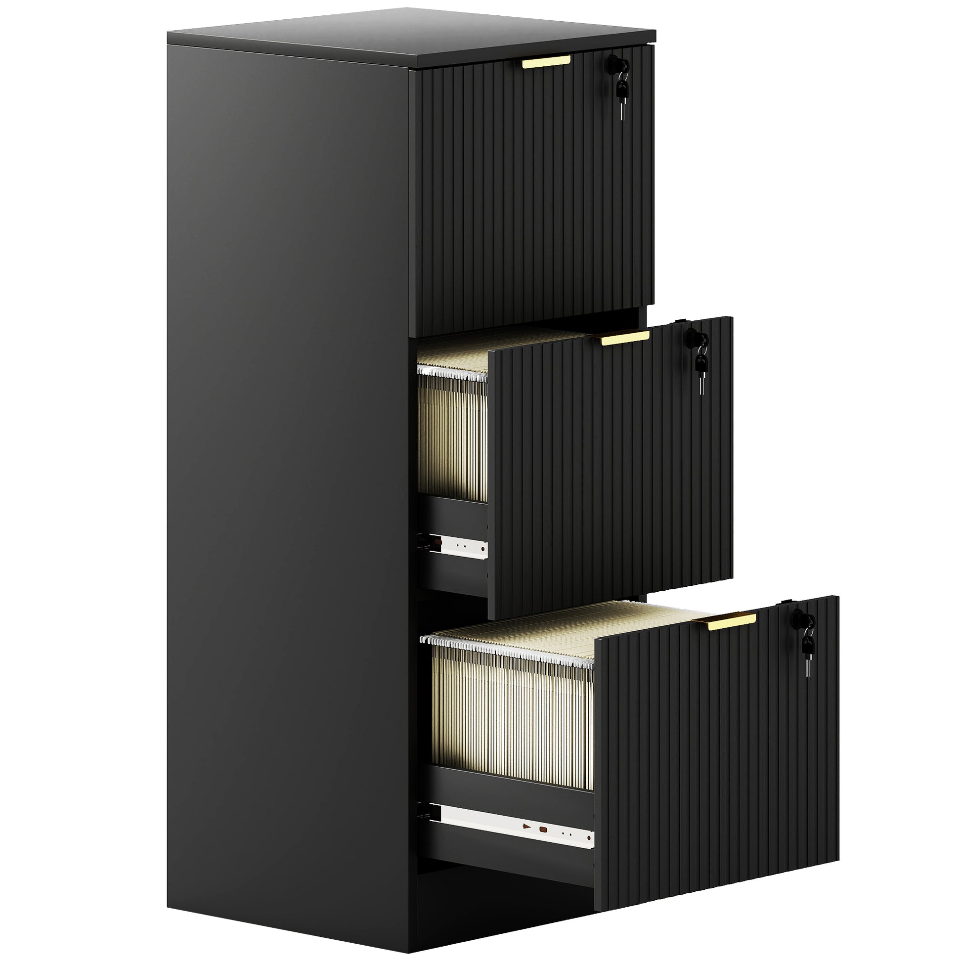 Photo of HOMCOM Filing Cabinet, Fluted Vertical File Cabinet with 3 Lockable Drawers and Hanging Rails, Black in Black colour on a white background