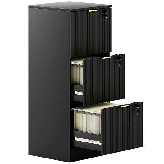 Photo of HOMCOM Filing Cabinet, Fluted Vertical File Cabinet with 3 Lockable Drawers and Hanging Rails, Black in Black colour on a white background