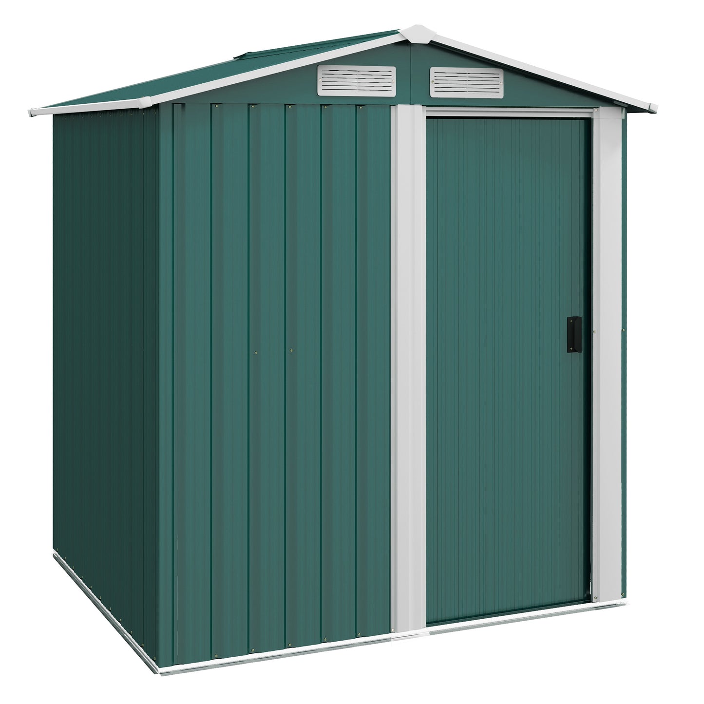 Photo of Outsunny Garden Metal Tool Storage Shed with Sliding Door, Sloped Roof and Floor Foundation, 152 x 132 x 188cm, Green in Green colour on a white background