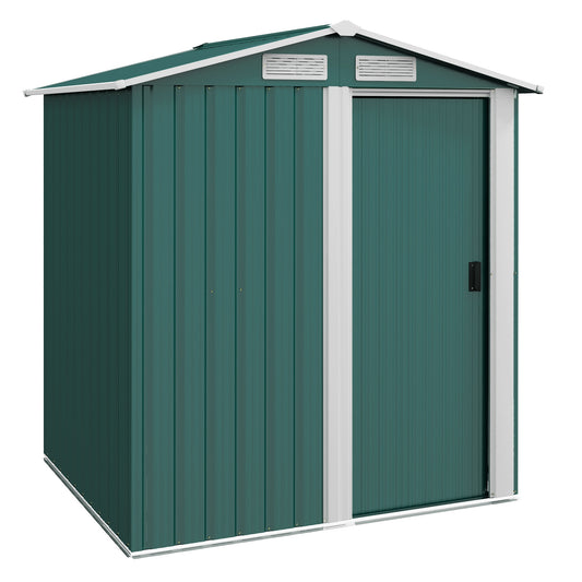 Photo of Outsunny Garden Metal Tool Storage Shed with Sliding Door, Sloped Roof and Floor Foundation, 152 x 132 x 188cm, Green in Green colour on a white background